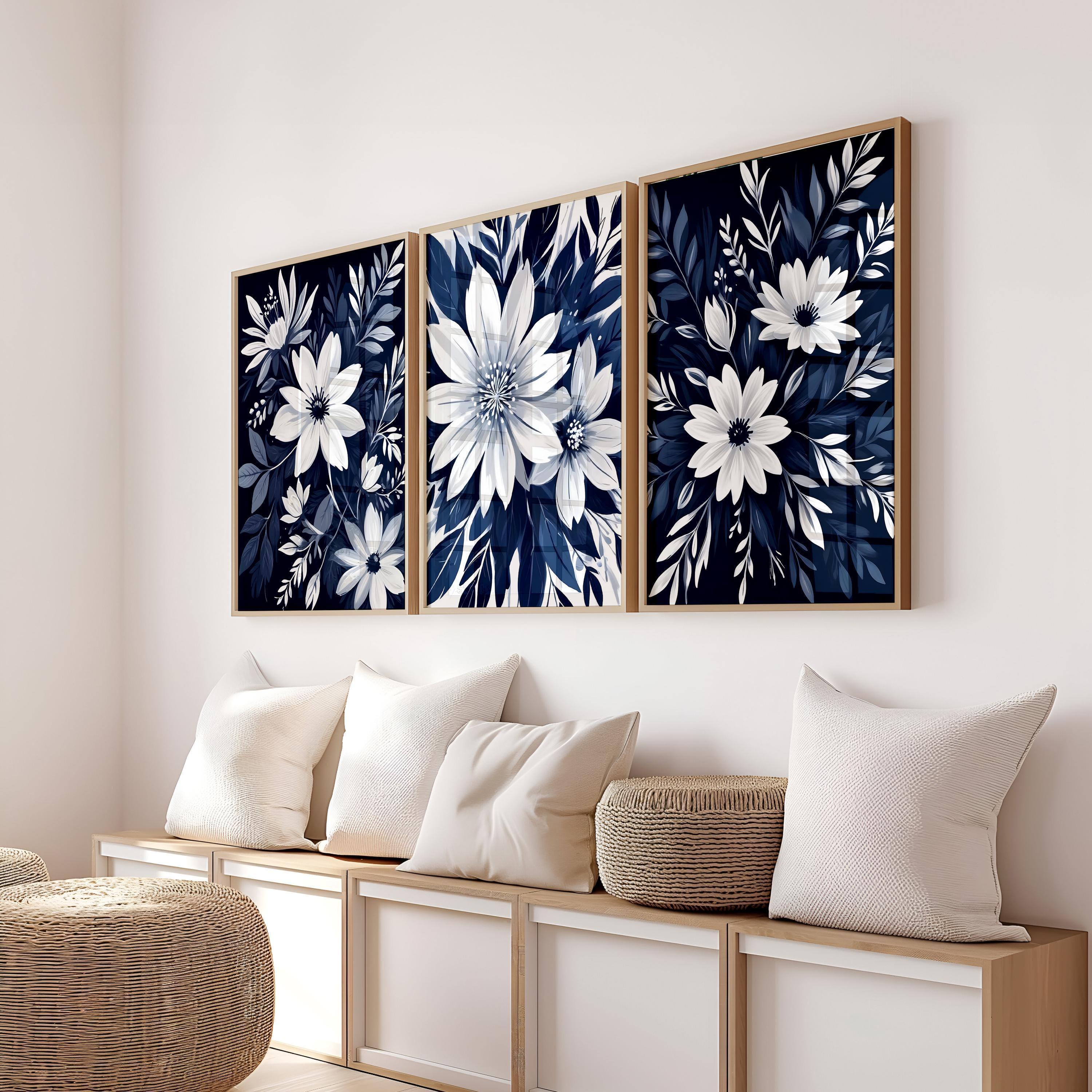 Navy Blue Daisy Flower Wall Art: Bedroom Bathroom Wall Decor Set