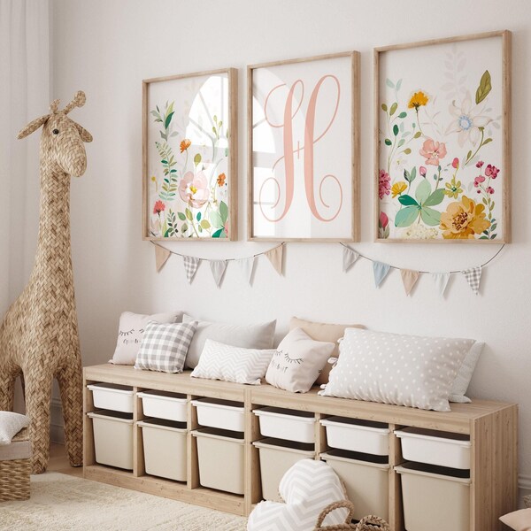 Wildflower Nursery Art: Boho Monogram Wall Decor Set of 3 - Framed, Canvas, or Art Prints WC