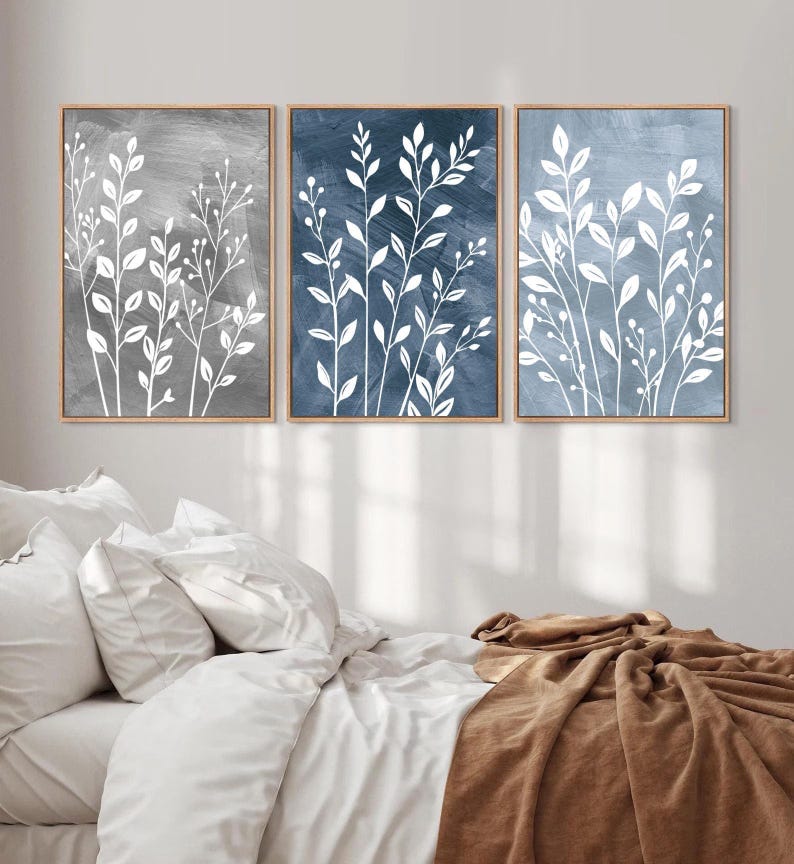 Blue Gray Floral Wall Art: Botanical Leaves Wall Decor Set of 3 ...
