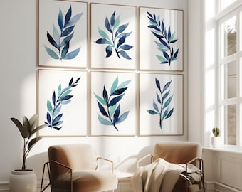 Blue Leaf Foliage Artwork: Botanical Gallery Wall Art Set of 6 - Framed, Canvas, or Art Prints WC
