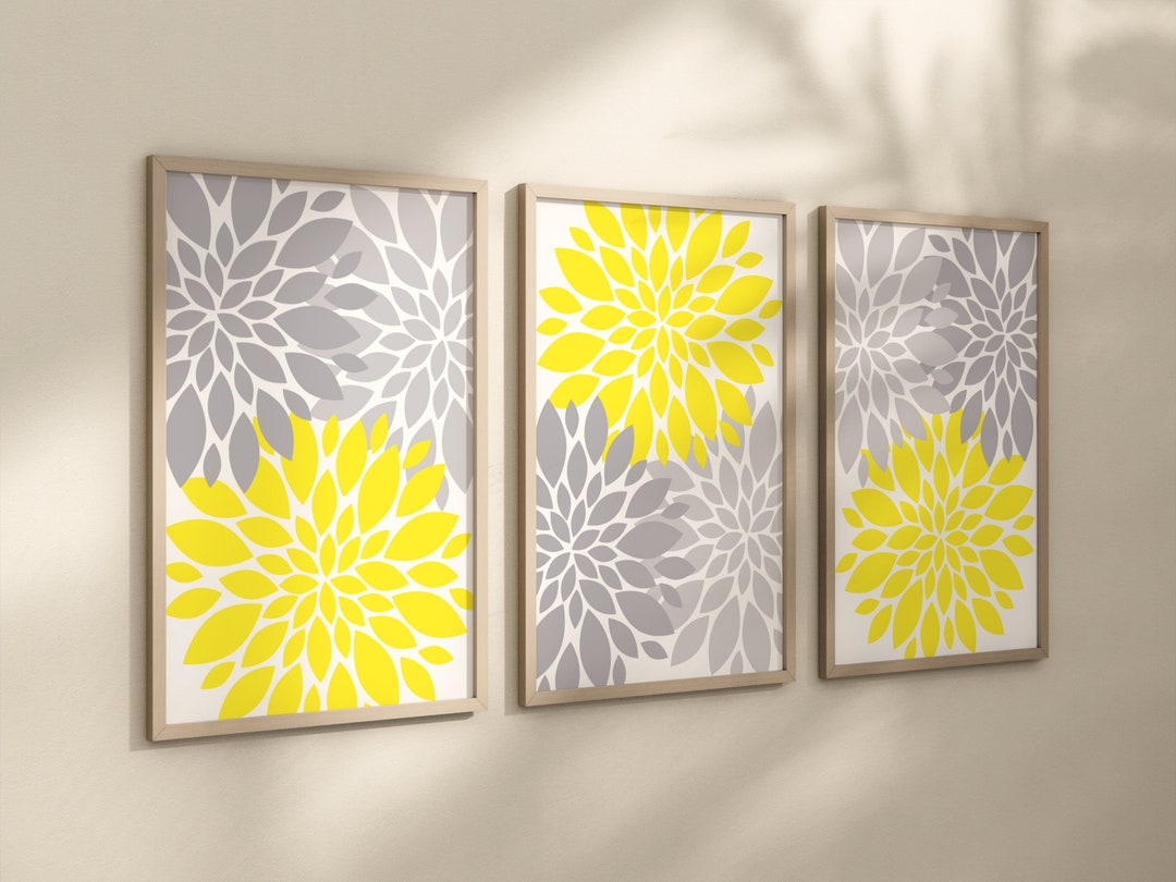 Yellow Gray FLOWER Wall Art Flower Burst Dahlia Petal Prints Etsy