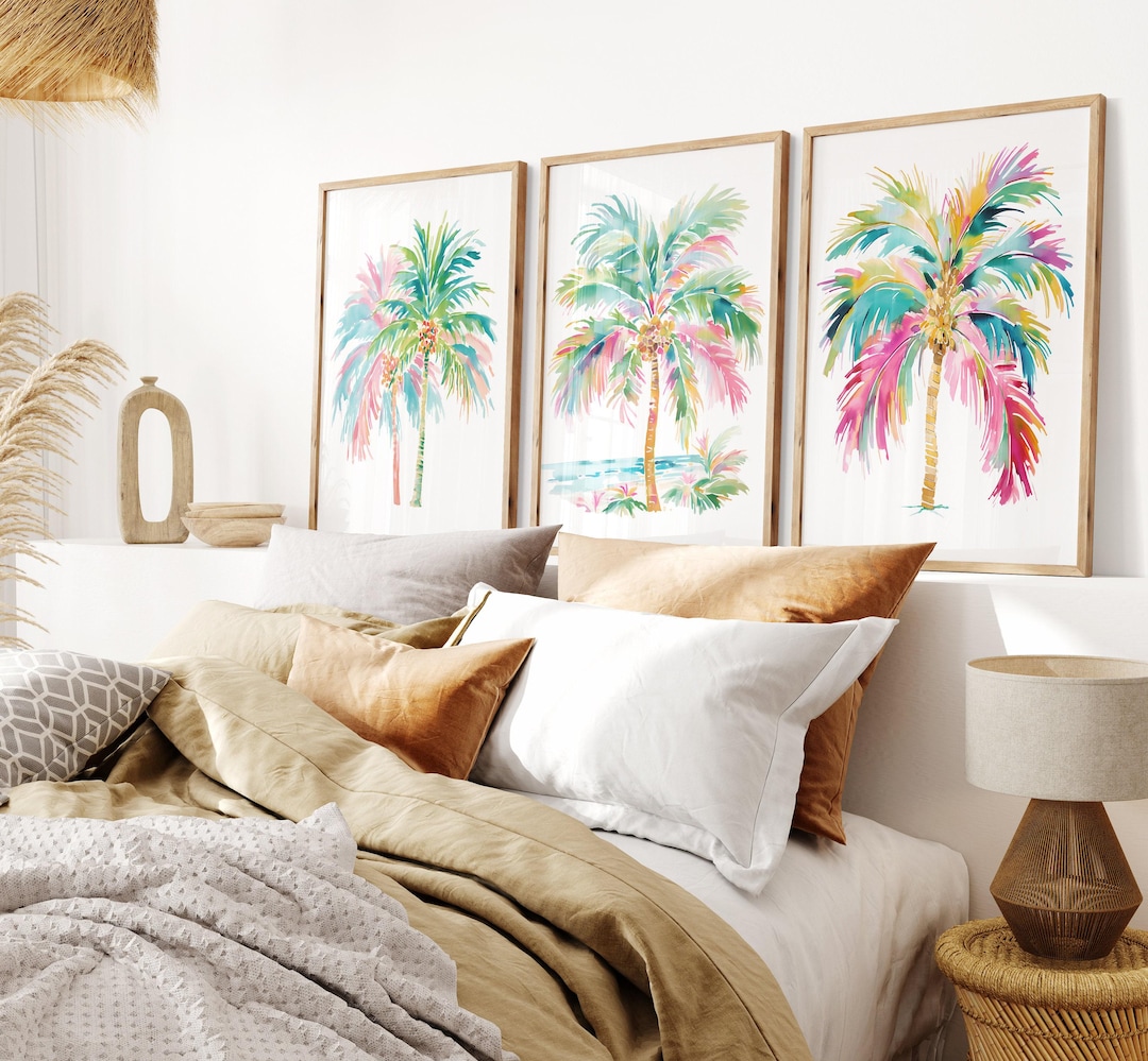 Tropical Palm Tree Wall Art: Colorful Beach House Wall Decor Set
