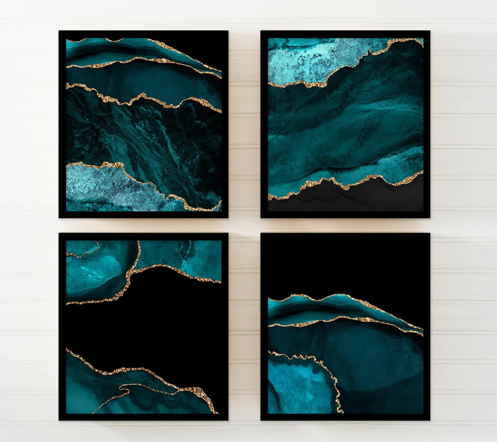 Blaugrün Gold Achat Geode Art Prints: Abstrakte Leinwand 4er Set