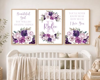 Girl Quote Nursery Wall Art, Personalized Purple Floral Nursery Decor, Framed Canvas Beautiful Baby Girl Artwork, Love You Quotes