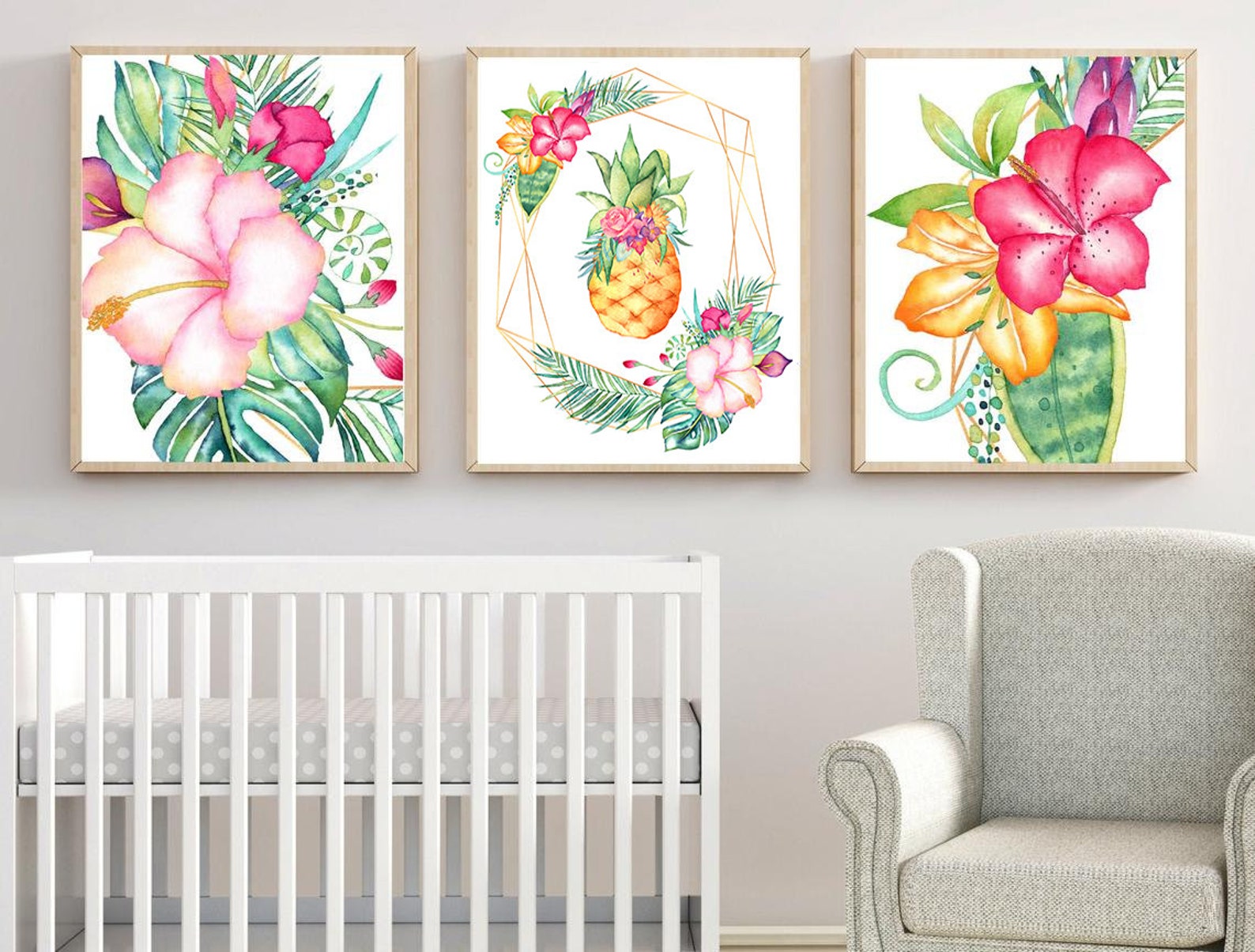 Tropical Floral Wall Art Tropical Flowers Pineapple Wall Art Etsy