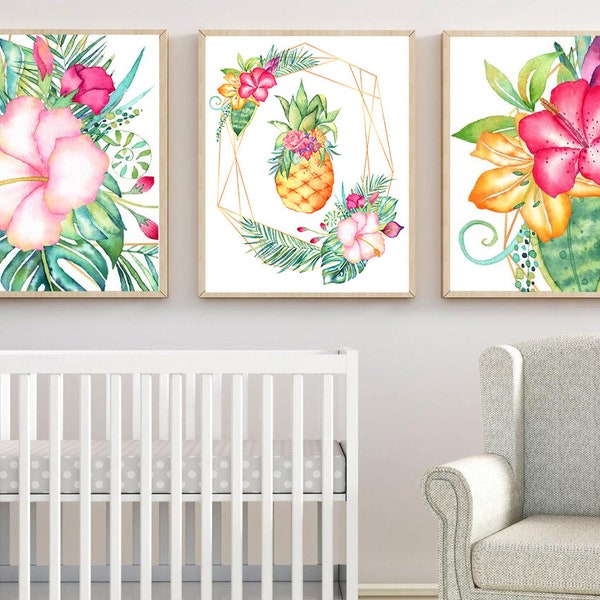 Floral Pineapple Wall Art - Tropical Flowers Pineapple Prints - Canvas Tropical Pineapple Nursery Pictures, Framed Tropical Artwork Set of 3