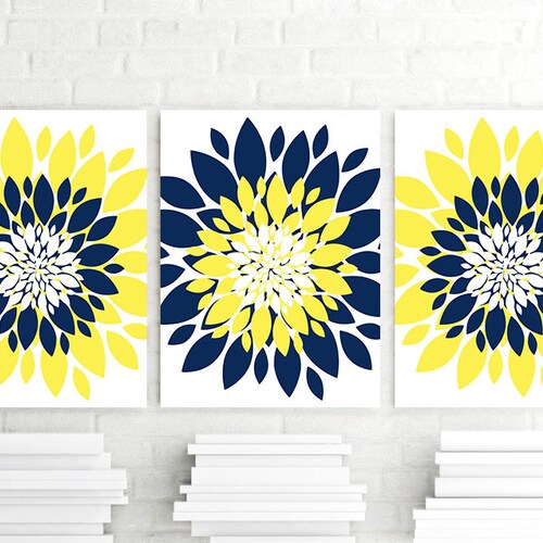 Yellow Navy Blue Gray Floral Wall Art Flowers Burst Bedroom Etsy