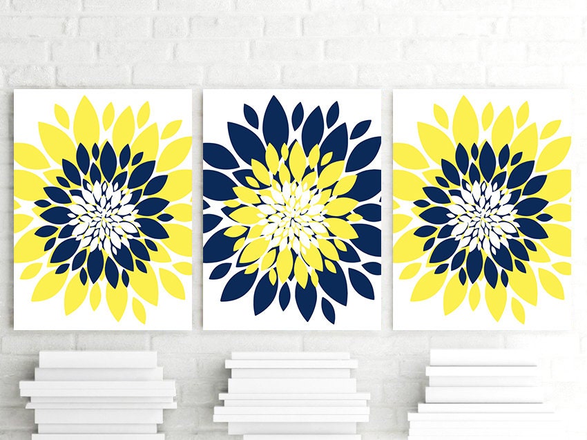Navy Blue Yellow Flower Wall Art Flower Burst Dahlia Petal Etsy