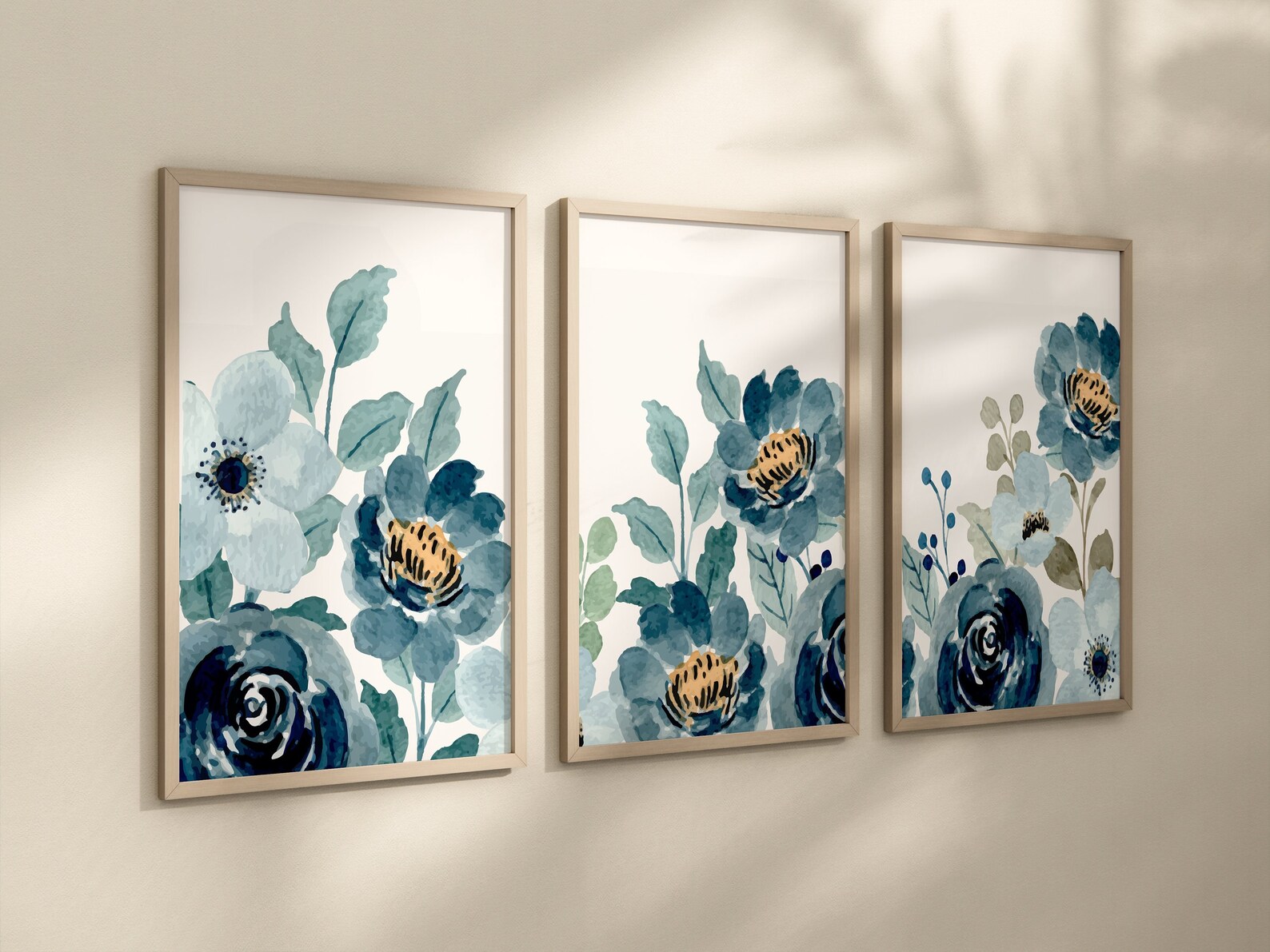 Navy Blue Flower Wall Art Watercolor Blue Yellow Floral Etsy