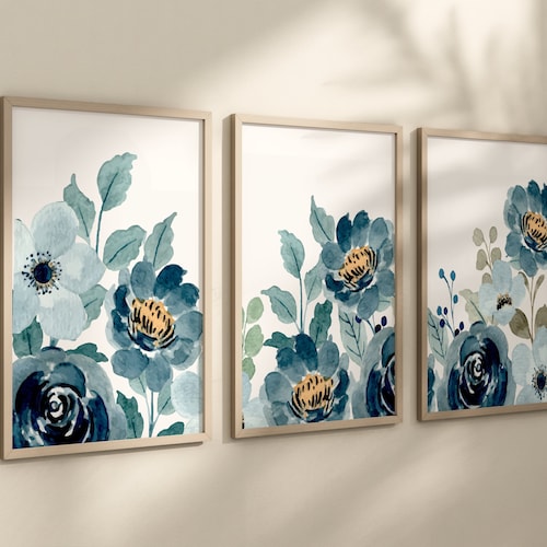 Navy Blue Flower Wall Art Watercolor Blue Yellow Floral Etsy