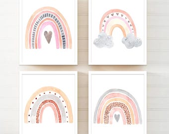 Watercolor Rainbow Artwork Neutral Nursery Wall Art Set of 4 - Framed, Canvas, or Art Prints WC