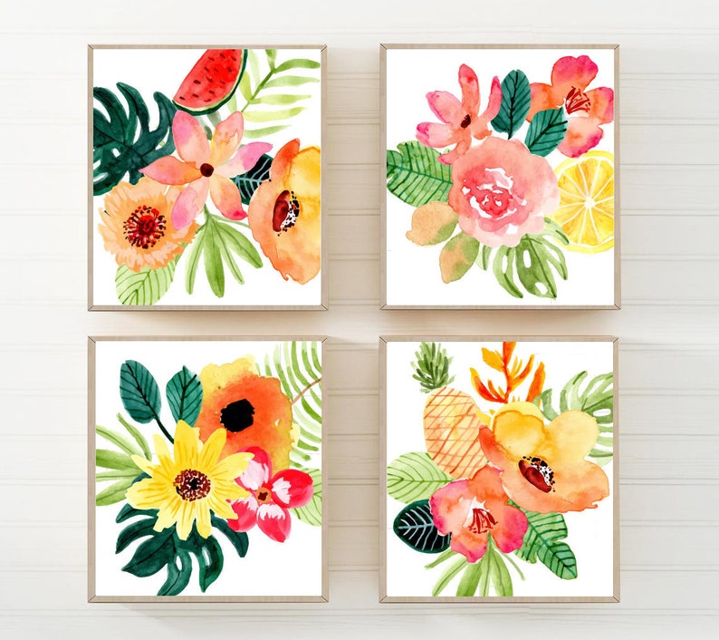 Tropical Floral Wall Art Tropical Watercolor Flower Art Etsy