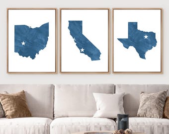Arte mural de los tres estados - Mapa familiar de los estados - Decoración de 3 estados - Juego de 3 piezas personalizadas y únicas para parejas de recién casados