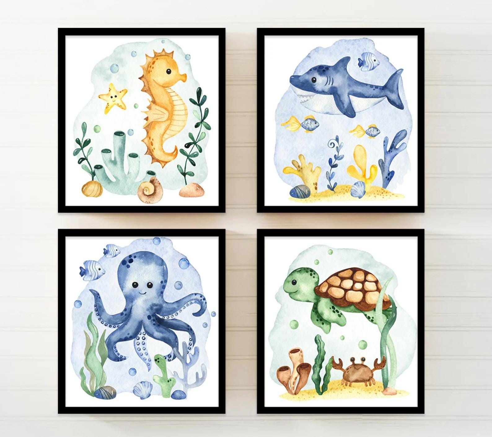 Watercolor Sea Life Wall Art Prints Set Of 4 - Turtle, Octopus, Seahorse, Crab Prints For Nursery Or Bathroom (8x10in)