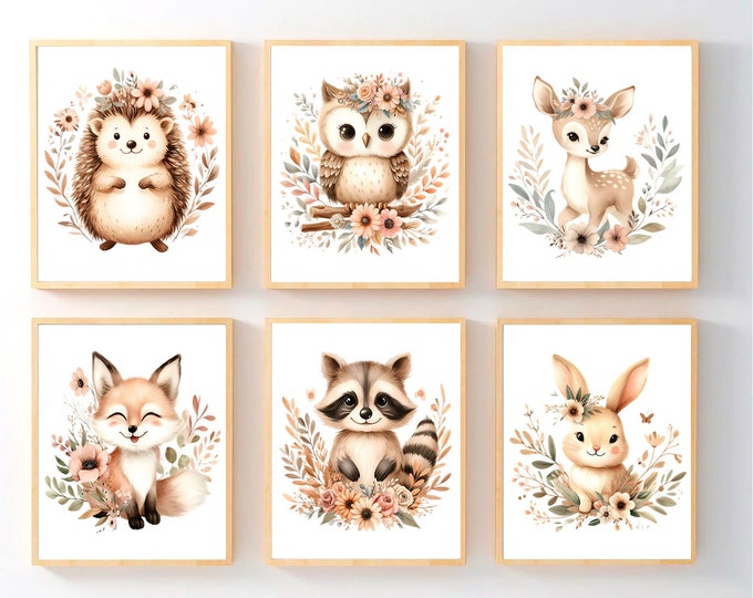 Woodland Nursery Animal Wall Decor - Baby Boho Animal Nursery Art Prints - Framed Flower Animal Artwork - Girl Forest Animal Canvas Set of 6