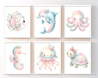Girl Sea Animals Nursery Wall Art: Under the Sea Wall Decor Set of 6 - Framed, Canvas, or Art Prints WC