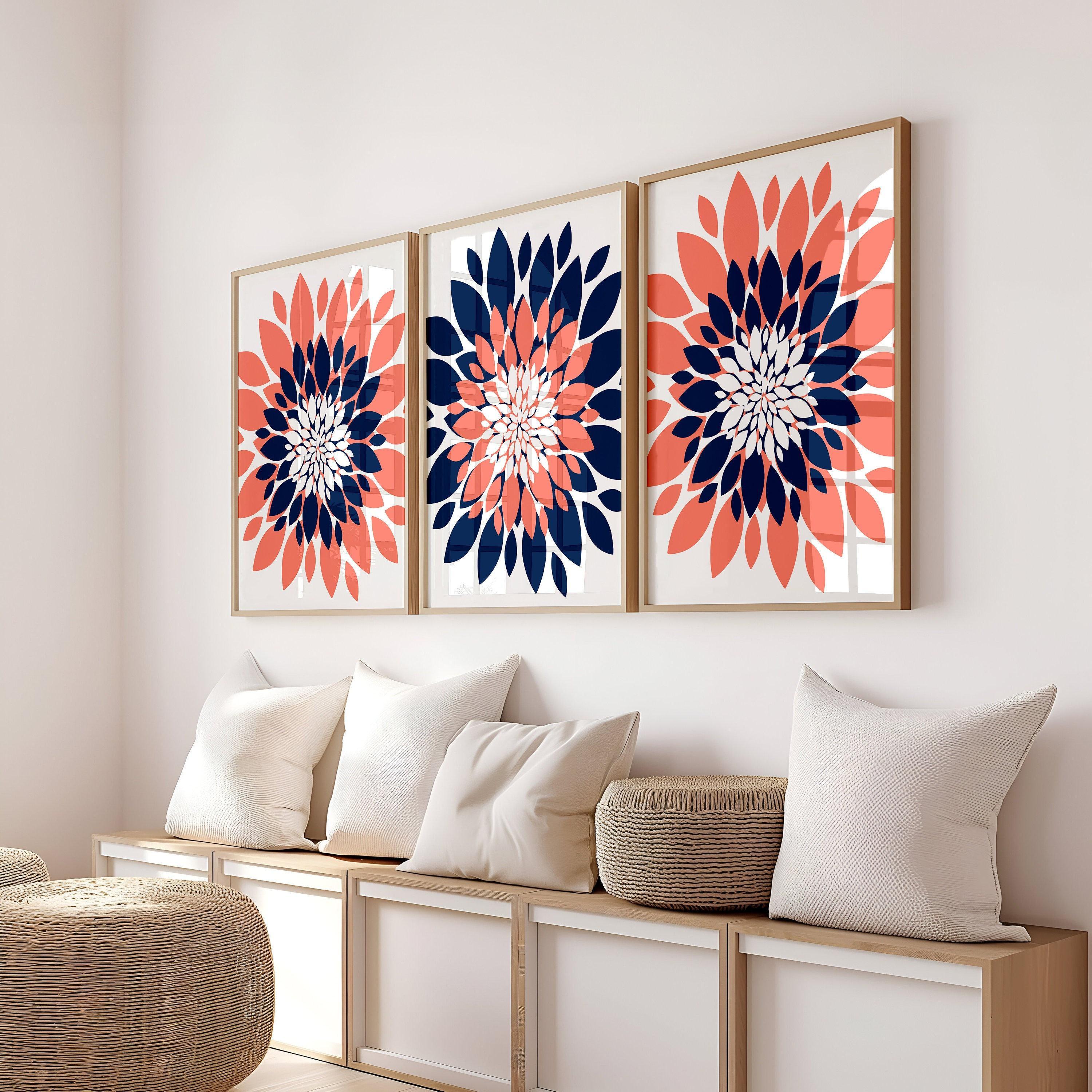 Coral Navy Flower Wall Art - Dahlia Petal Coral Navy Bedroom