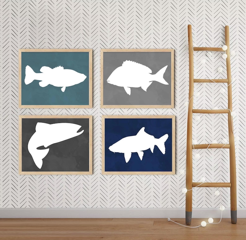Fish Art Prints - Lake Fish Bedroom Wall Art - Lake House Fish Artwork - Baby Boy Fish Nursery Wall Decor - Fish Canvas Artwork Set of 4