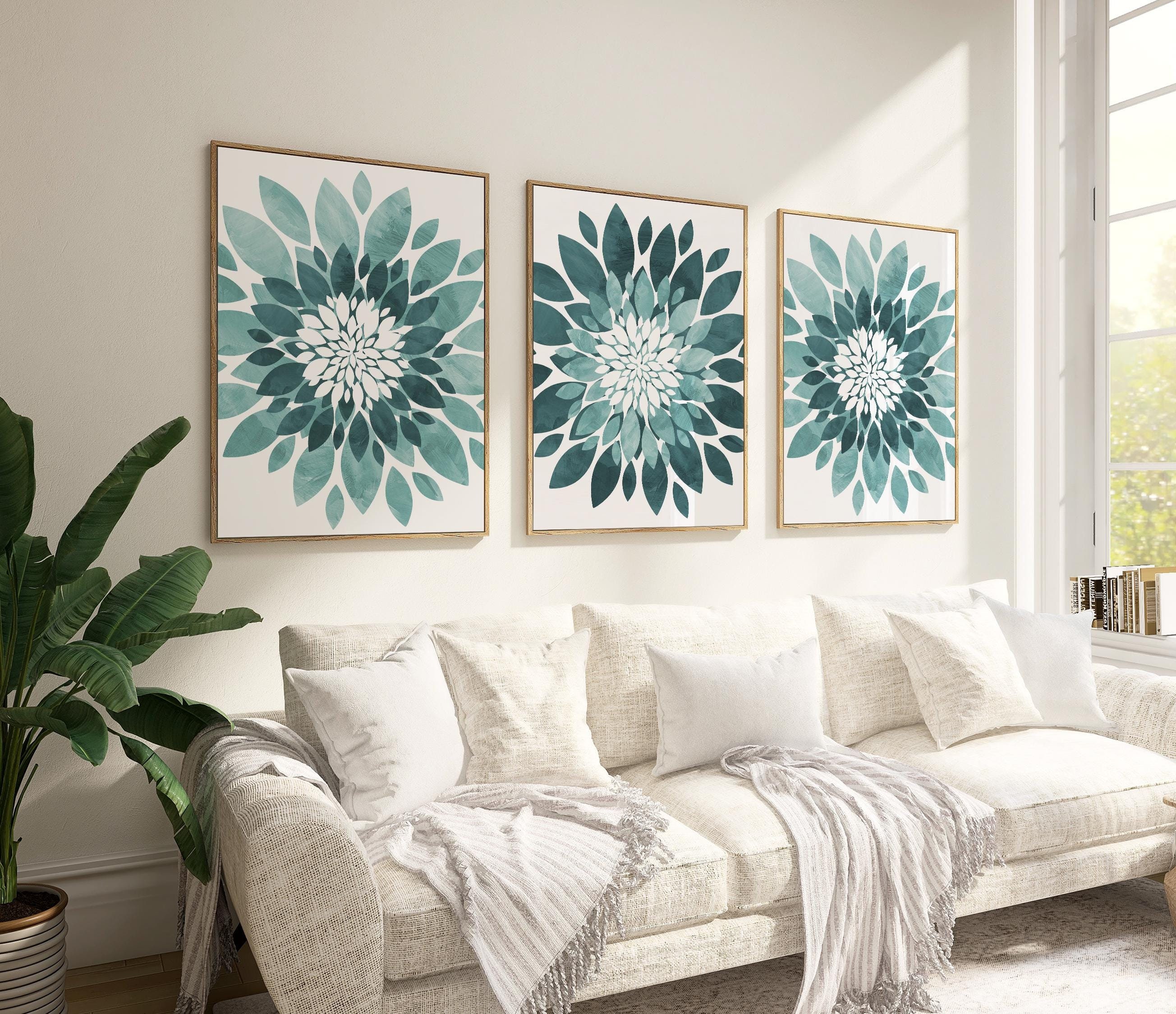 Teal Aqua Flower Wall Art - Framed Flower Print - Teal Blue Floral Artwork - Bedroom Canvas Pictures - Teal Bathroom Wall Decor Sets of 3