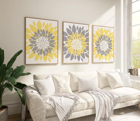 Yellow Gray Flower Wall Art: Floral Bedroom Bathroom Set of 3 - Framed, Canvas, or Art Prints