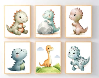 Aquarel dinosaurus kinderkamerkunst: dino set van 6 - ingelijst, canvas of kunstafdrukken toilet