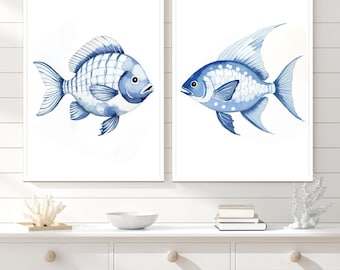 Decoración de pared con motivos de peces: Juego de 2 láminas decorativas náuticas enmarcadas, sobre lienzo o impresas.