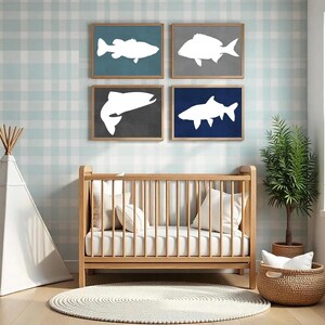 Fish Art Prints - Lake Fish Bedroom Wall Art - Lake House Fish Artwork - Baby Boy Fish Nursery Wall Decor - Fish Canvas Artwork Set of 4 image 3