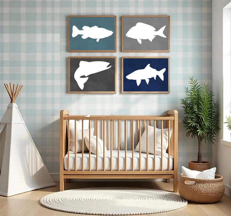 Fish Art Prints - Lake Fish Bedroom Wall Art - Lake House Fish Artwork - Baby Boy Fish Nursery Wall Decor - Fish Canvas Artwork Set of 4 image 3