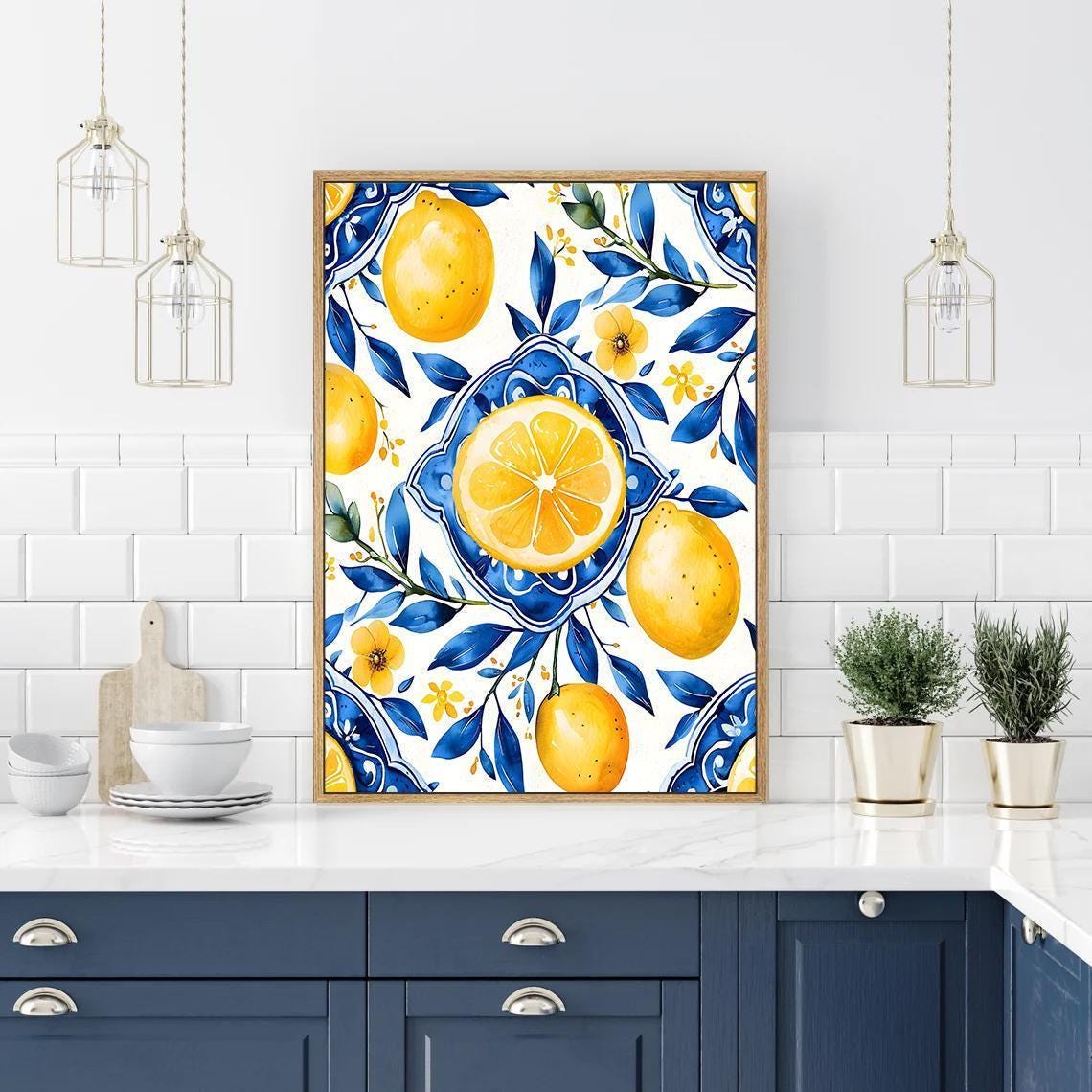 Lemon Tree Wall Art: Navy Yellow Kitchen Wall Art - Set of 2