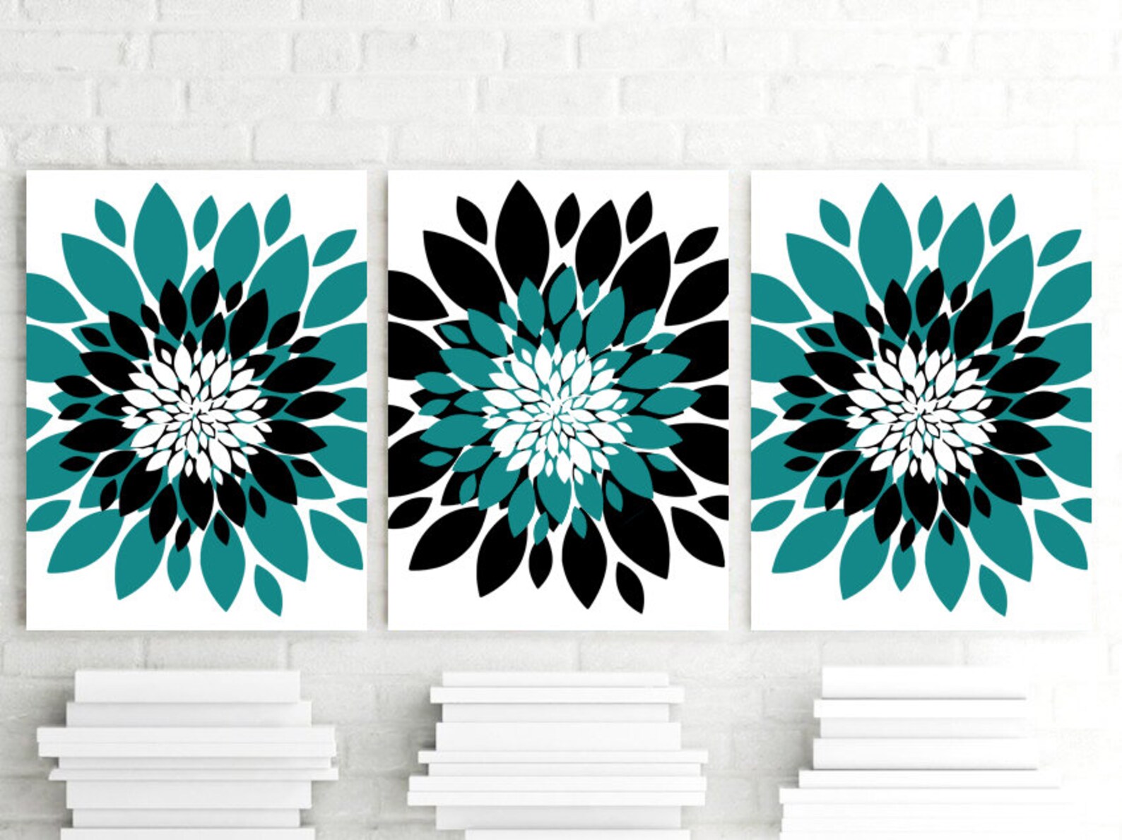 Turquoise Black Flower Wall Art Teal Flower Burst Dahlia Etsy