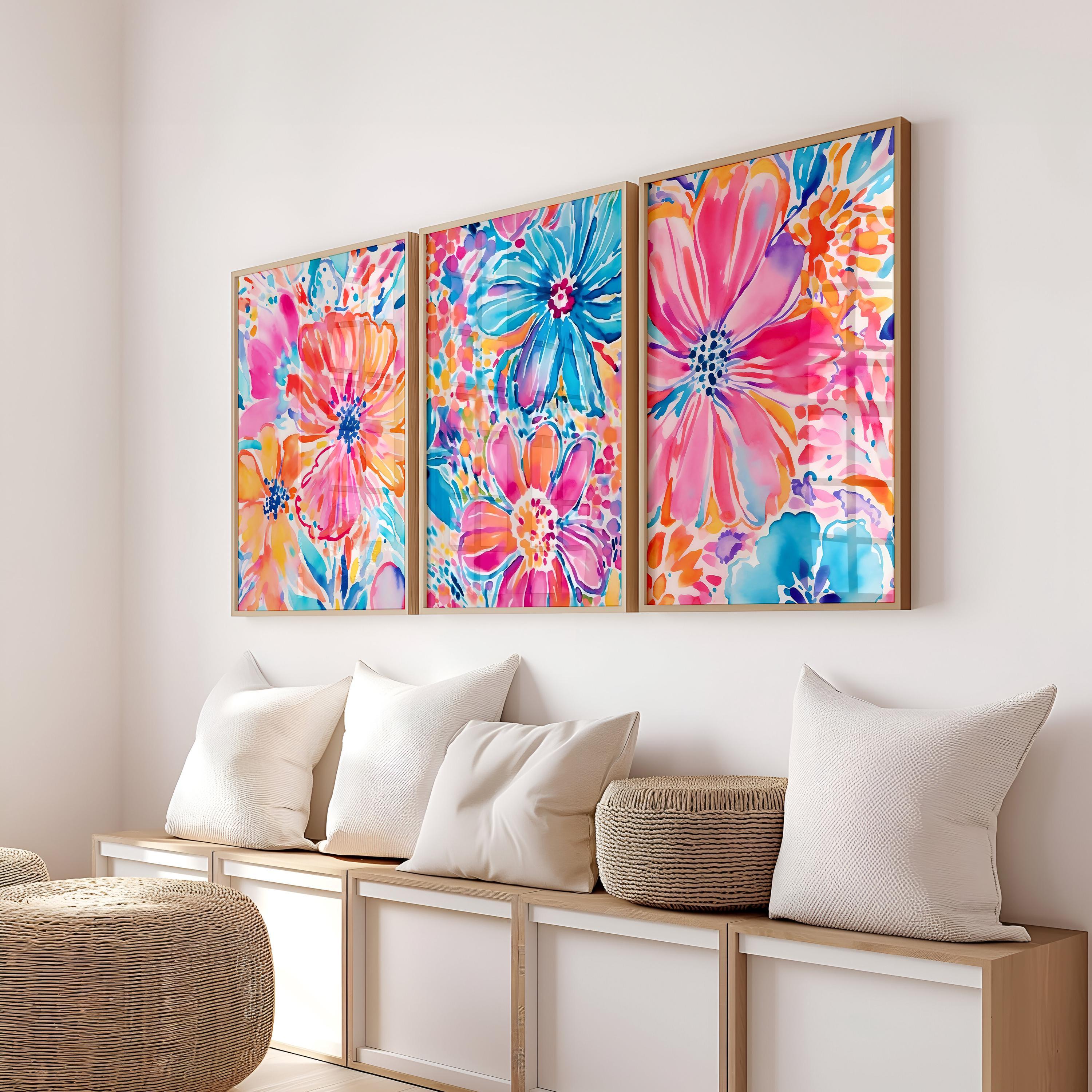 Bright Floral Art: Preppy Flower Wall Decor, Pink Blue Orange