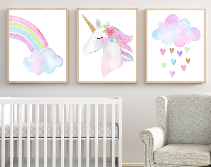 Rainbow Unicorn Wall Decor - Rainbow Unicorn Prints - Framed Rainbow Unicorn Artwork - Rainbow Unicorn Nursery Wall Art Canvas Set of 3