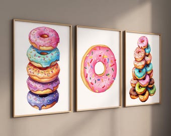 Watercolor Donut Wall Art: Dessert Kitchen Wall Art Set of 3 - Framed, Canvas, or Art Prints WC