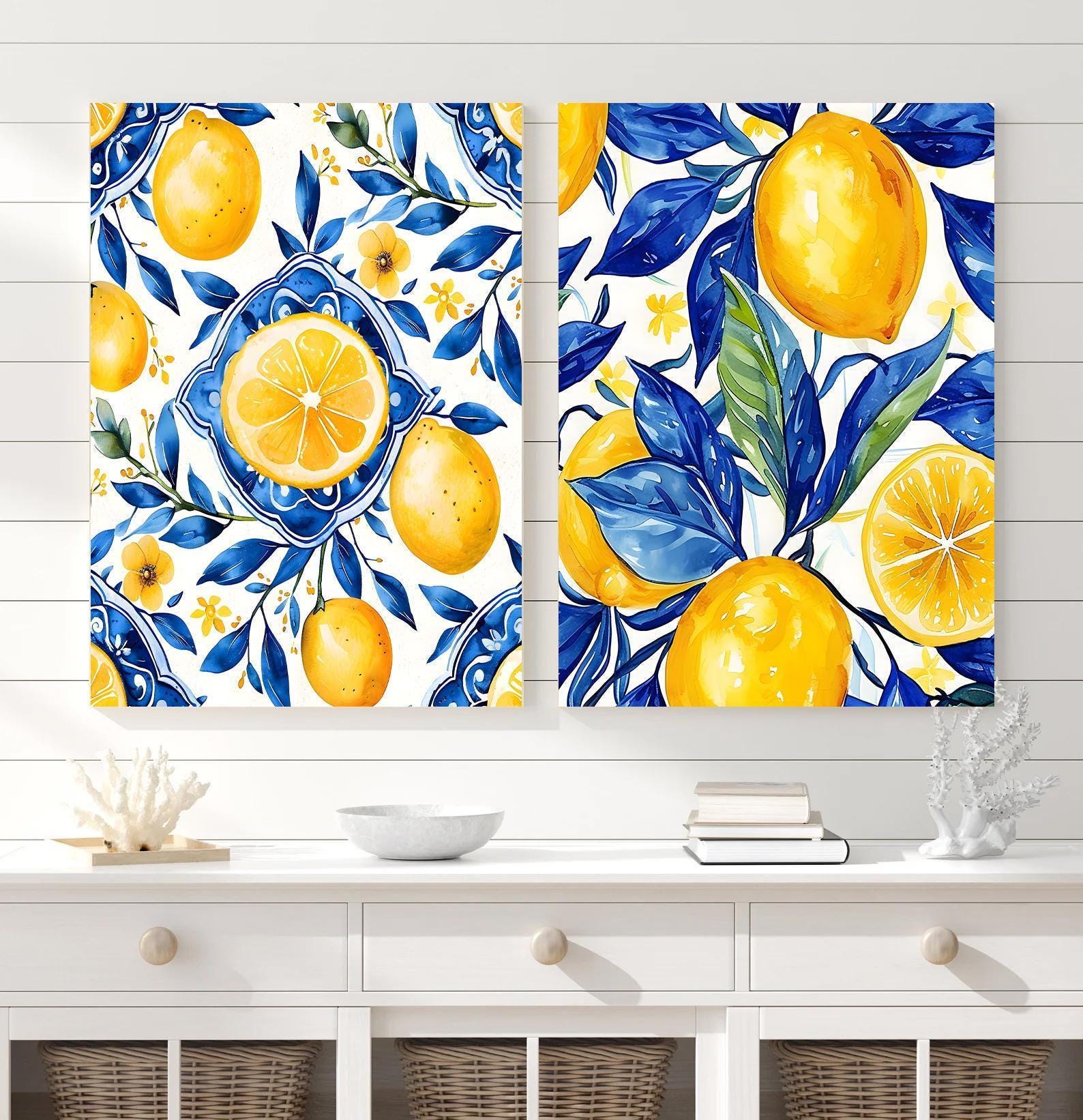 Lemon Tree Wall Art: Navy Yellow Kitchen Wall Art - Set of 2