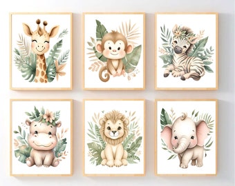 Safari Animal Wall Art - Baby Jungle Animal Nursery Prints - Framed Watercolor Jungle Animals - Jungle Animal Canvas Pictures Set of 6