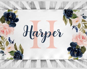 Navy Pink Flower Crib Sheet - Girl Personalized Floral Crib Sheet - Navy Pink Nursery Bedding - Blanket Changing Pad Cover -Baby Shower Gift