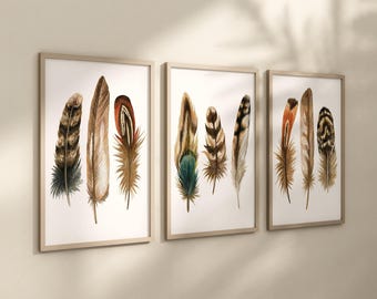 Feather Wall Decor - Feather Wall Art - Watercolor Feather Artwork - Feathers Bedroom Artwork - Feather Set of 3 WC