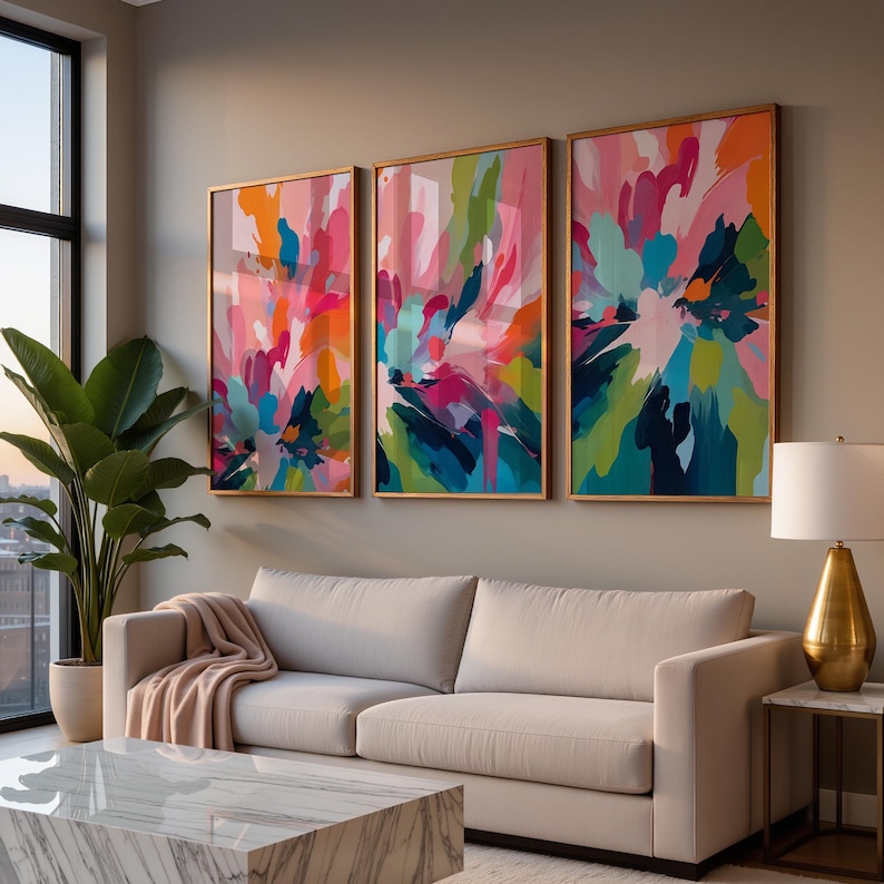 Colorful Abstract Wall Decor - Bright Abstract Art - Bold Bright Wall Art - Preppy Maximalist Artwork - Dorm Room Art Set of 3 WC image 3