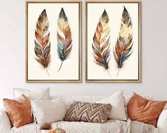 Framed Feather Wall Art - Neutral Tones Bedroom Decor Canvas Set of 2