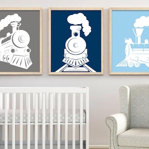 Quadro con treni incorniciato - Quadro su tela con treni a vapore - Decorazione da parete per cameretta di bambini con tema treni - Set di 3 quadri per cameretta di bambini