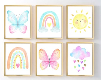Rainbow Butterfly Digital Download Wall Art - Watercolor Butterfly Rainbow Sunshine Printable - Baby Girl Nursery Wall Decor Canvas Set of 6