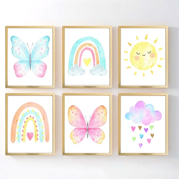 Rainbow Butterfly Digital Download Wall Art - Watercolor Butterfly Rainbow Sunshine Printable - Baby Girl Nursery Wall Decor Canvas Set of 6