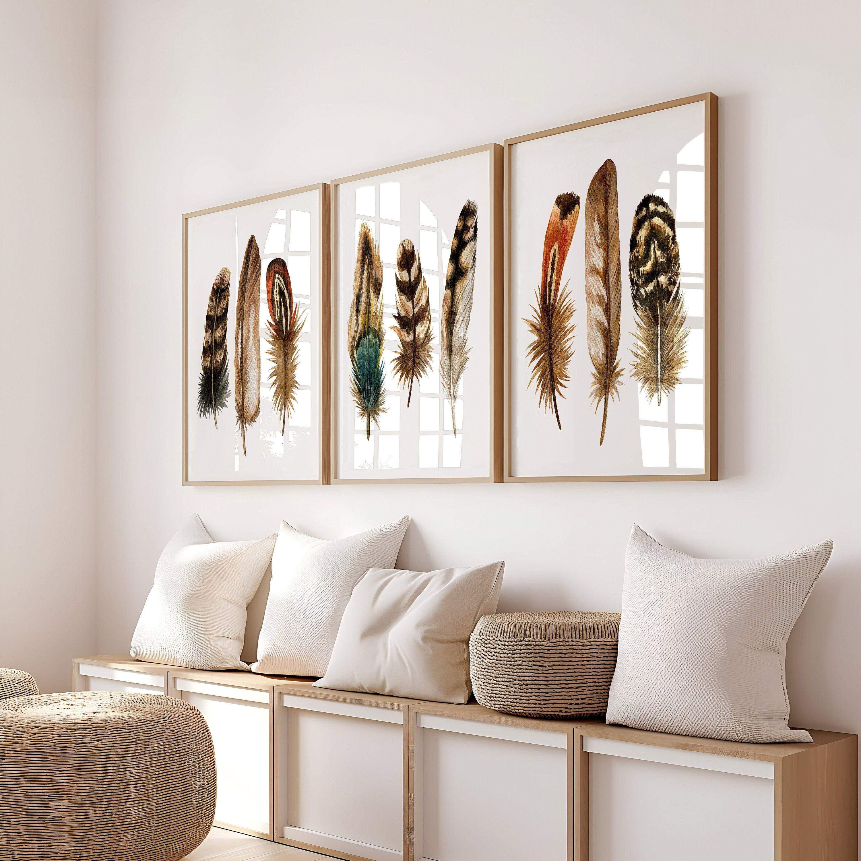 Framed Feather Wall Art - Feather Art Print - Watercolor Feather Canvas Artwork - Feathers Bedroom Wall Decor - Office Pictures Sets of 3