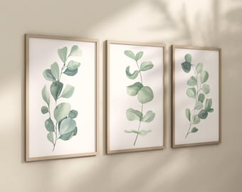 Decoración de pared de eucalipto: Juego de 3 hojas botánicas - Enmarcadas, en lienzo o láminas artísticas WC
