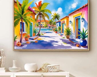 May include: A rectangular wall art print depicting a vibrant coastal street scene with yellow and pink buildings, lush green palm trees, and potted plants under a bright blue sky with white clouds. The scene features a pathway leading toward the water.