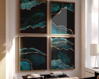 Teal Gold Abstract Wall Art: Agate Geode Abstract Wall Artwork Set of 4 - Framed, Canvas, or Art Prints WC