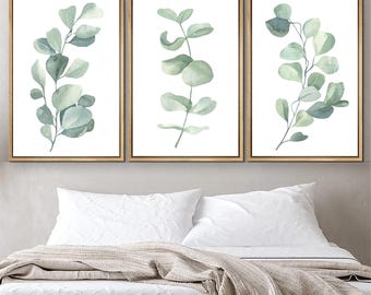 Eucalyptus Wall Art - Watercolor Leaves Art Print - Framed Eucalyptus Pictures - Eucalyptus Canvas Artwork - Bedroom Wall Decor Sets of 3