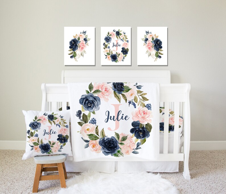 Navy Pink Floral Nursery Bedding Set Crib Sheet Baby Girl Etsy