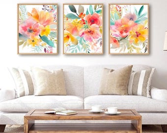 Watercolor Flower Wall Art: Bright Floral Nursery Decor, Set of 3 - Framed, Canvas, or Art Prints WC
