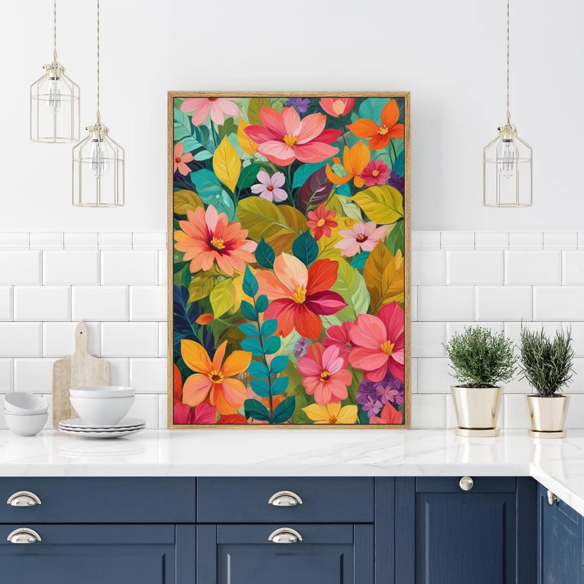 Colorful Flower Wall Art - Framed Colorful Flower Artwork - Bright Floral Canvas Pictures - Vibrant Floral Bedroom Wall Decor Set of 1